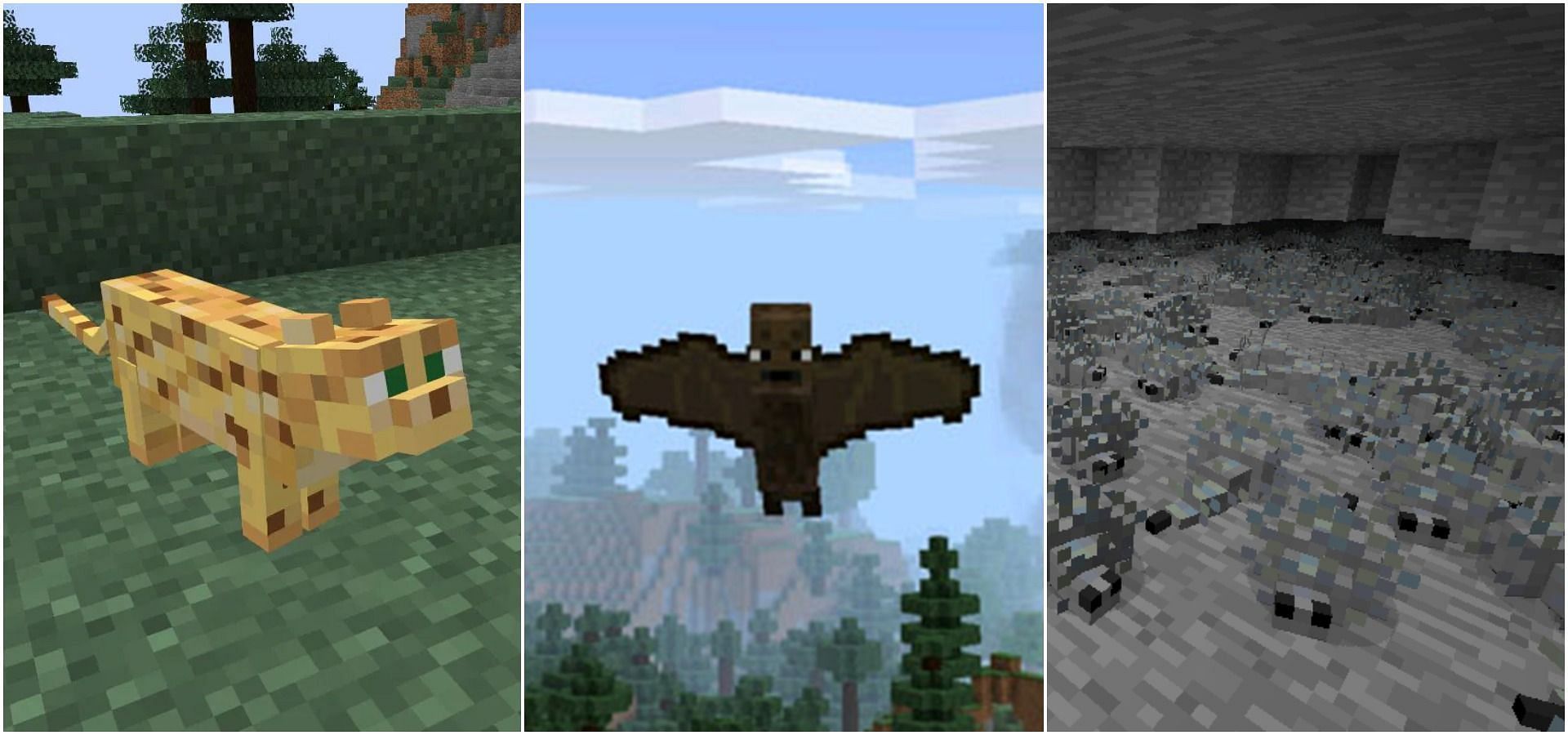 Ocelot, Bat, Silverfish in Minecraft (Image via Minecraft)