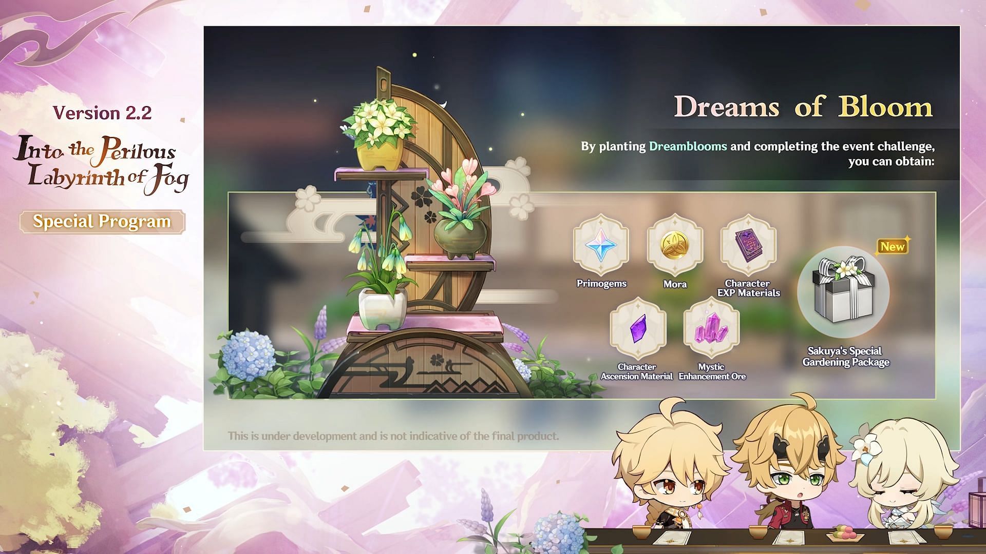 Dreams of Bloom rewards as shown in the Genshin Impact 2.2 livestream (Image via miHoYo)