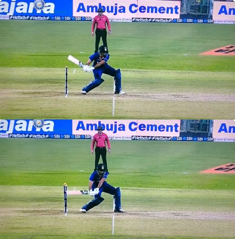 Screengabs of Harshal Patel&rsquo;s dismissal during the third T20I. Pic: Twitter