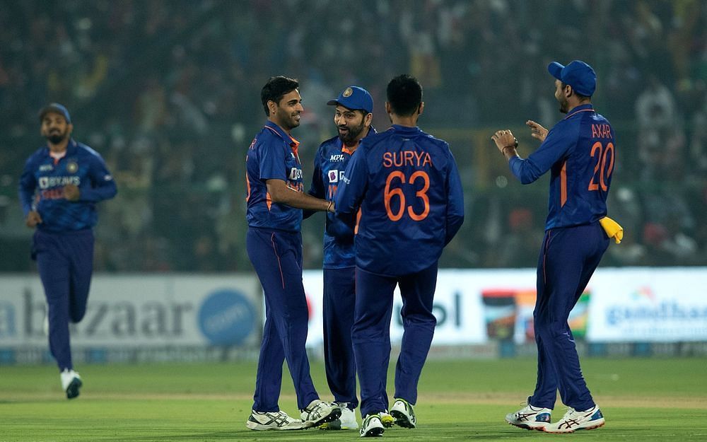 Bhuvneshwar Kumar celebrating Daryl Mitchell's wicket in Jaipur (Image Courtesy: BCCI)