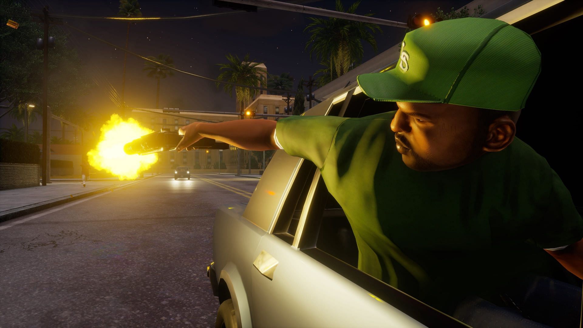 Light from the gunfire glowing up Sweet&#039;s face (Image via Rockstar Games)