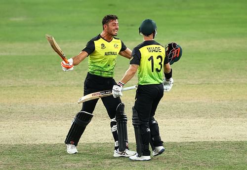 Marcus Stoinis and Matthew Wade celebrate Australia's win over Pakistan.