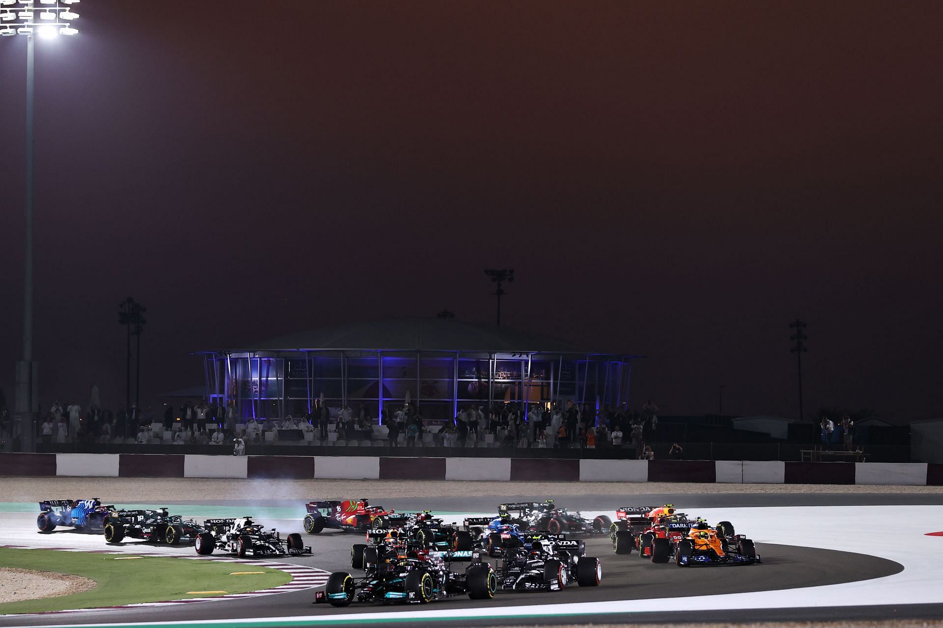 Lewis Hamilton leads the field at the start of the 2021 Qatar Grandd Prix at the Losail International circuit.