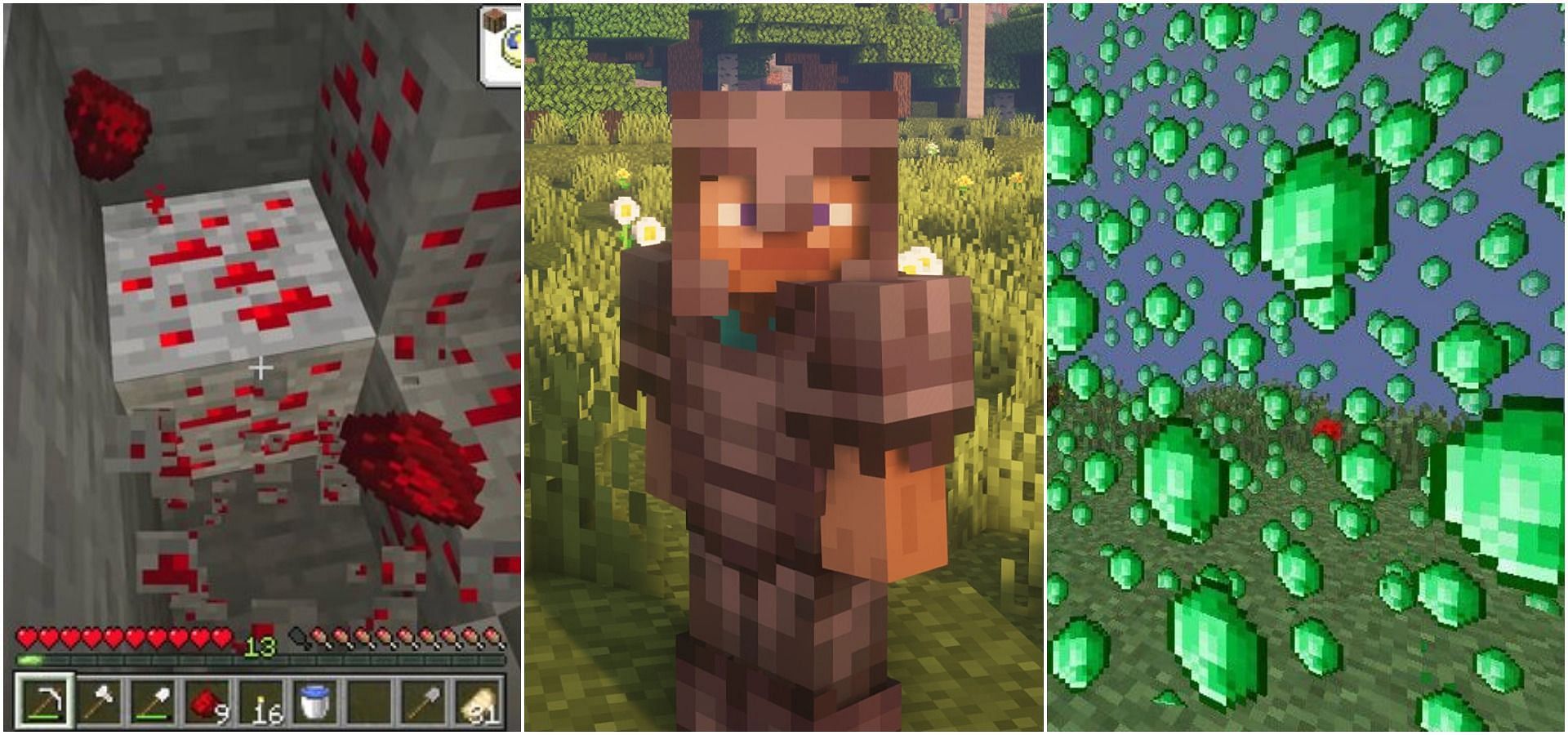 Redstone, netherite armor, and emeralds (Image via Minecraft)