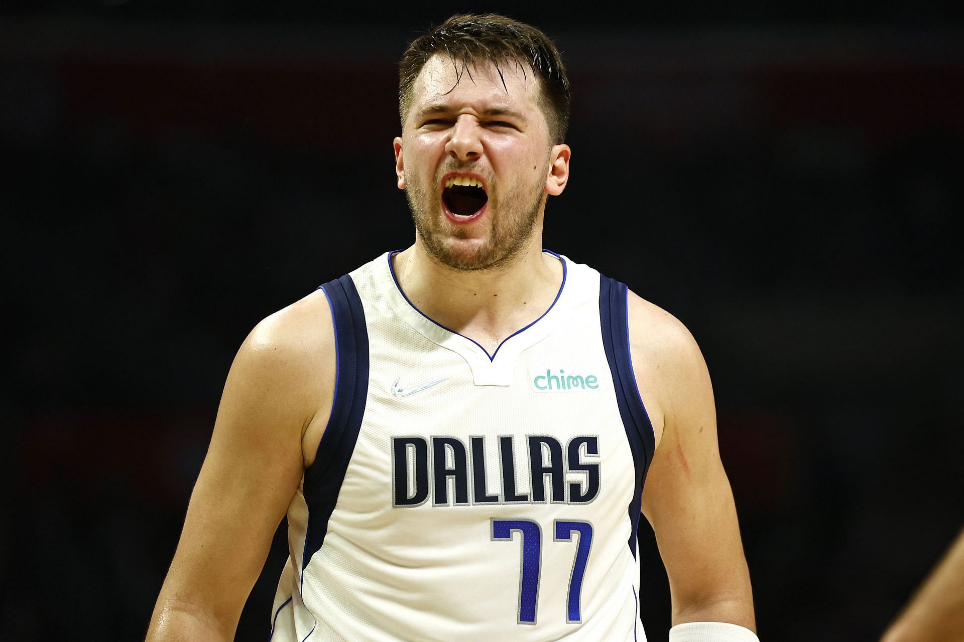 Luka Doncic celeberates after scoring against the LA Clippers
