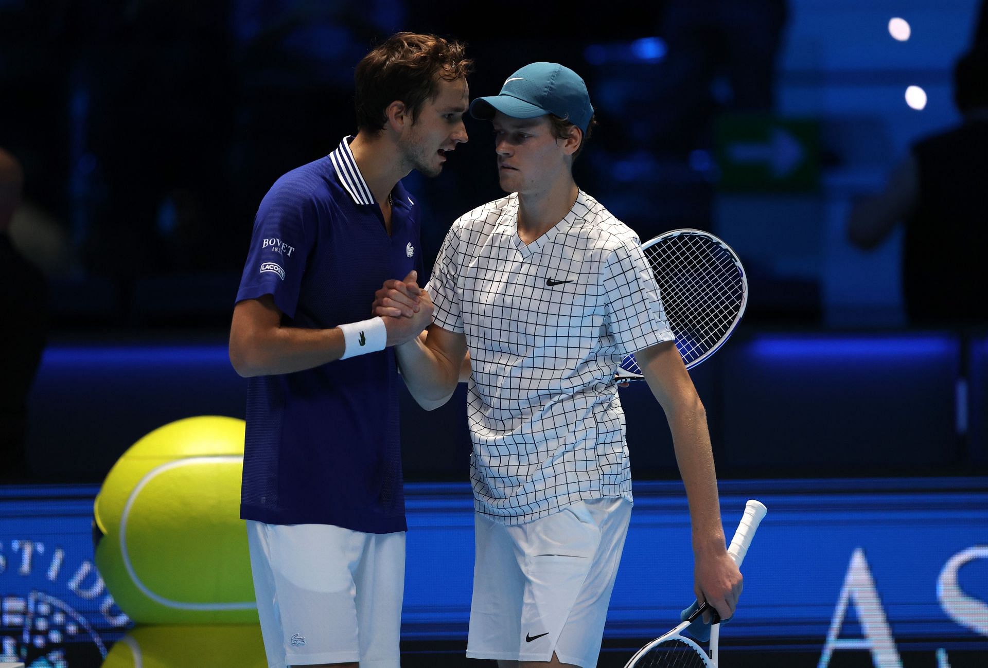 Daniil Medvedev and Jannik Sinner after their match at the 2021 Nitto ATP World Tour Finals