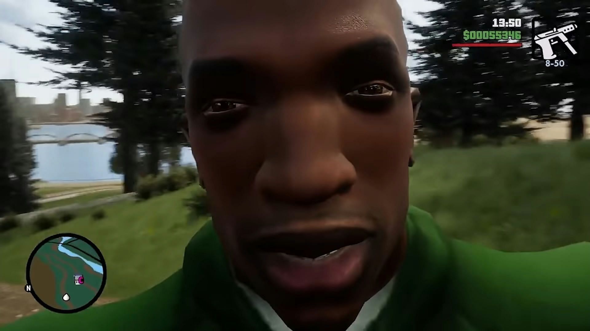 A close-up of CJ&#039;s face on the rear-view camera (Image via Rockstar Games)