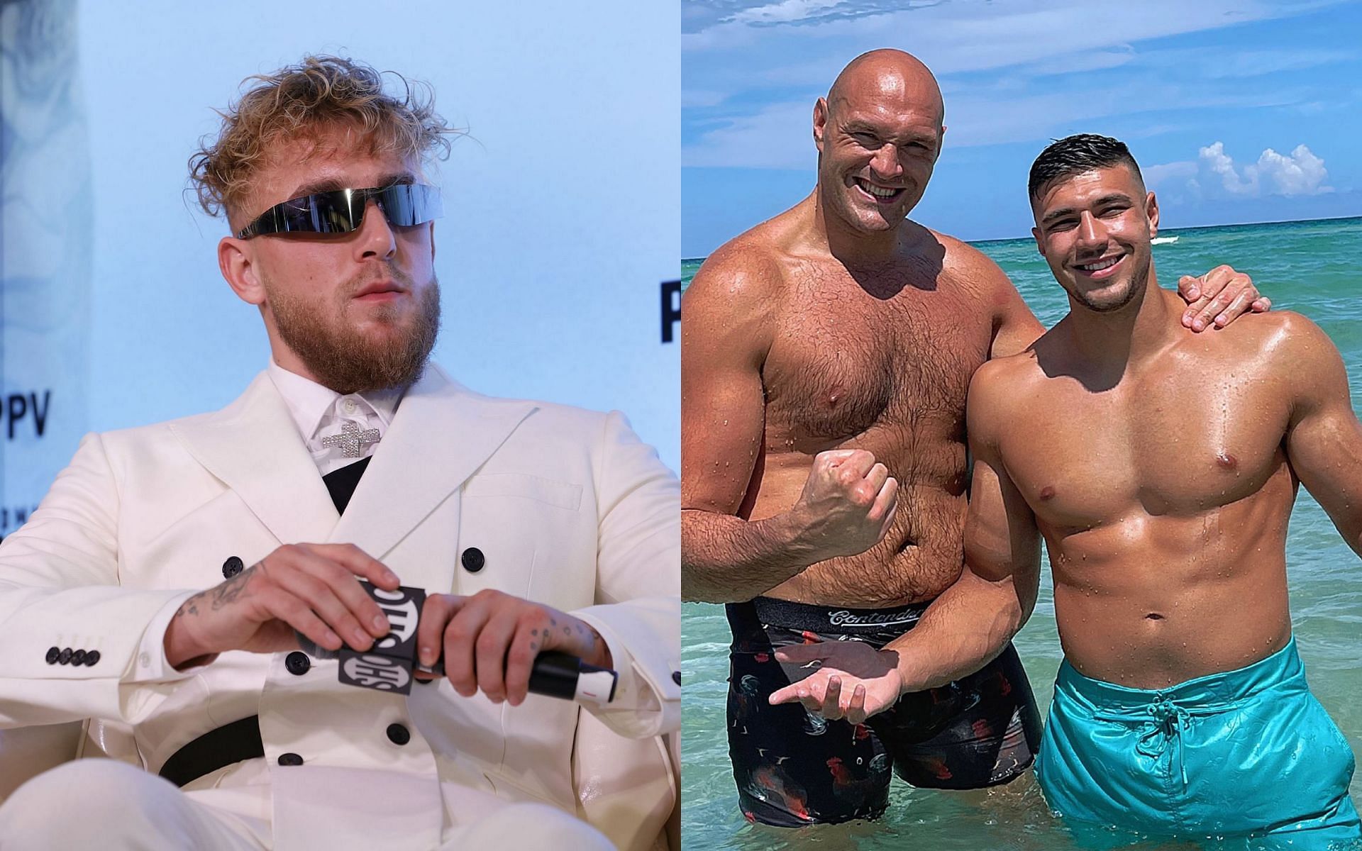 Jake Paul (left), Tyson Fury (center) &amp; Tommy Fury (right) [Image Credits- @tommytntfury on Twitter]