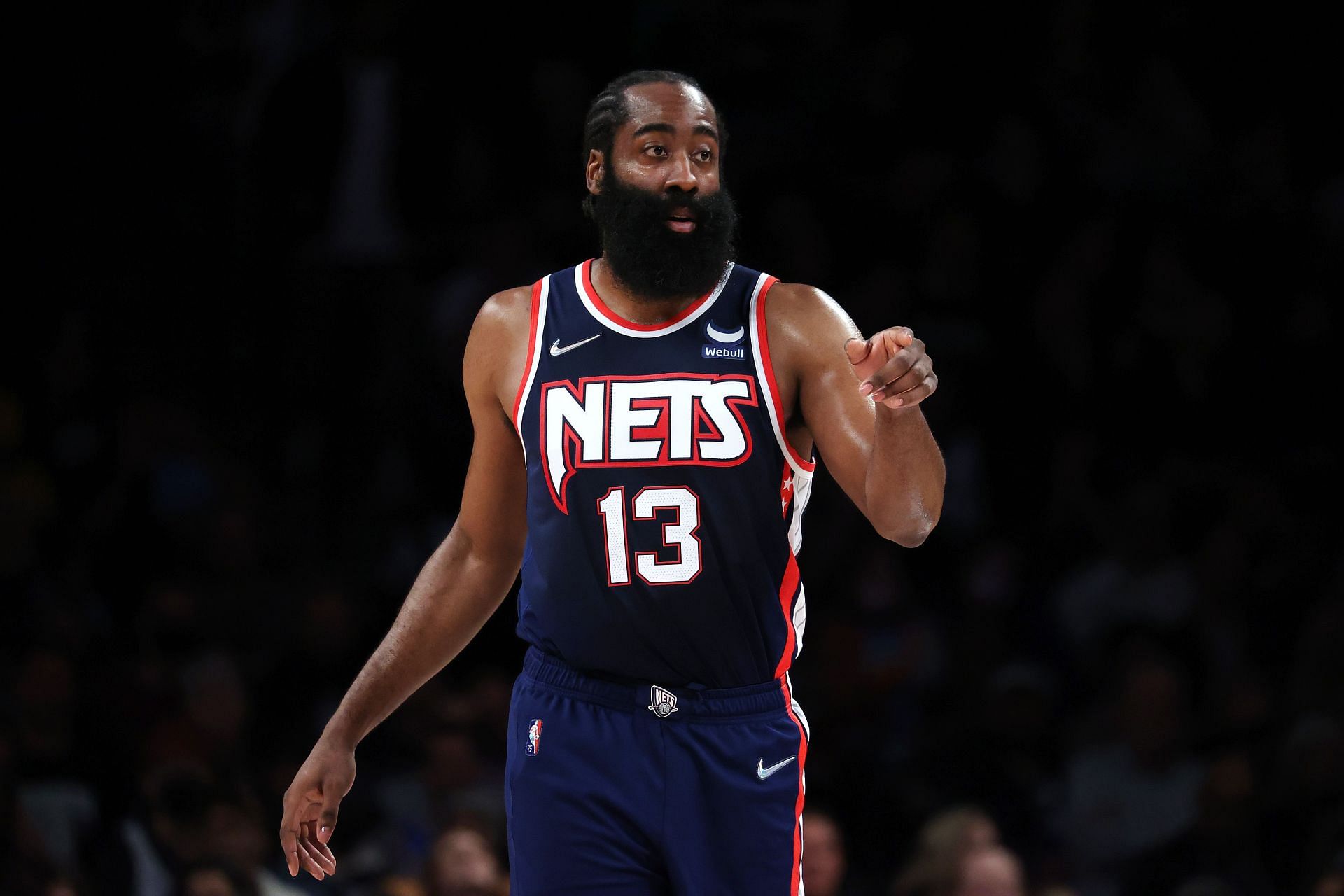 James Harden of the Brooklyn Nets looks on against the Cleveland Cavaliers during their game at Barclays Center on November 17, 2021, in New York City.