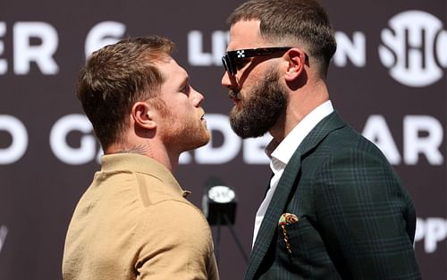 Canelo Alvarez and Caleb Plant face off ahead of their Novmeber 6 bout {Credits: @calebplant via Instagram]