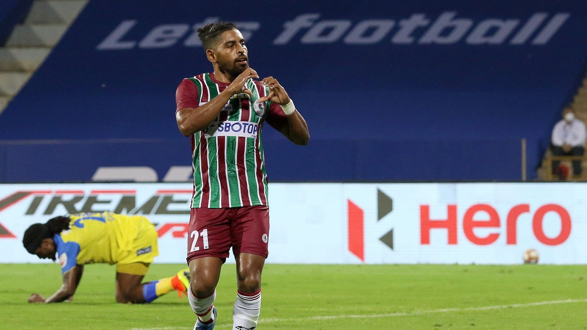 Roy Krishna celebrates after scoring a goal for ATK Mohun Bagan against Kerala Blasters FC during ISL 2020/21