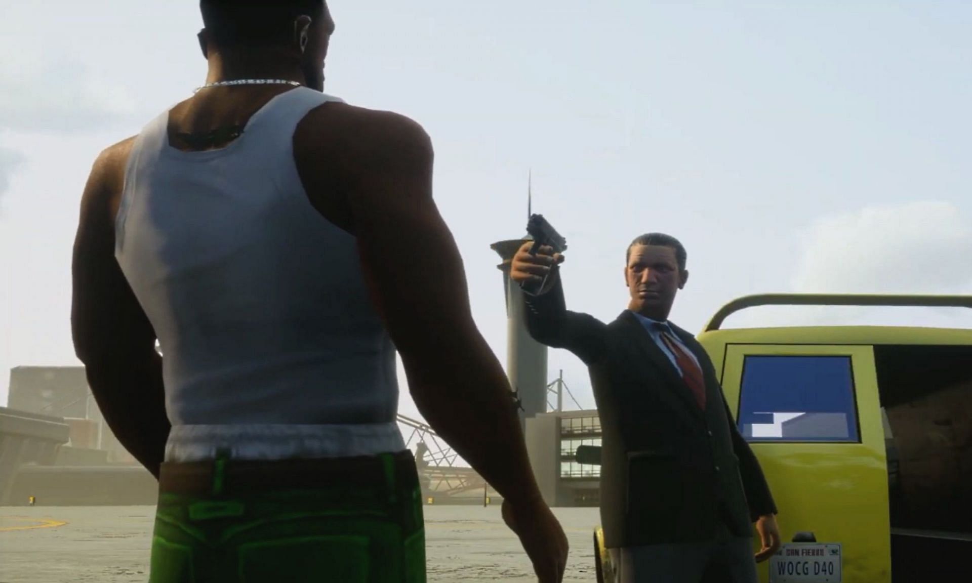 CJ meets Mike Toreno for the first time (Image via Rockstar Games)