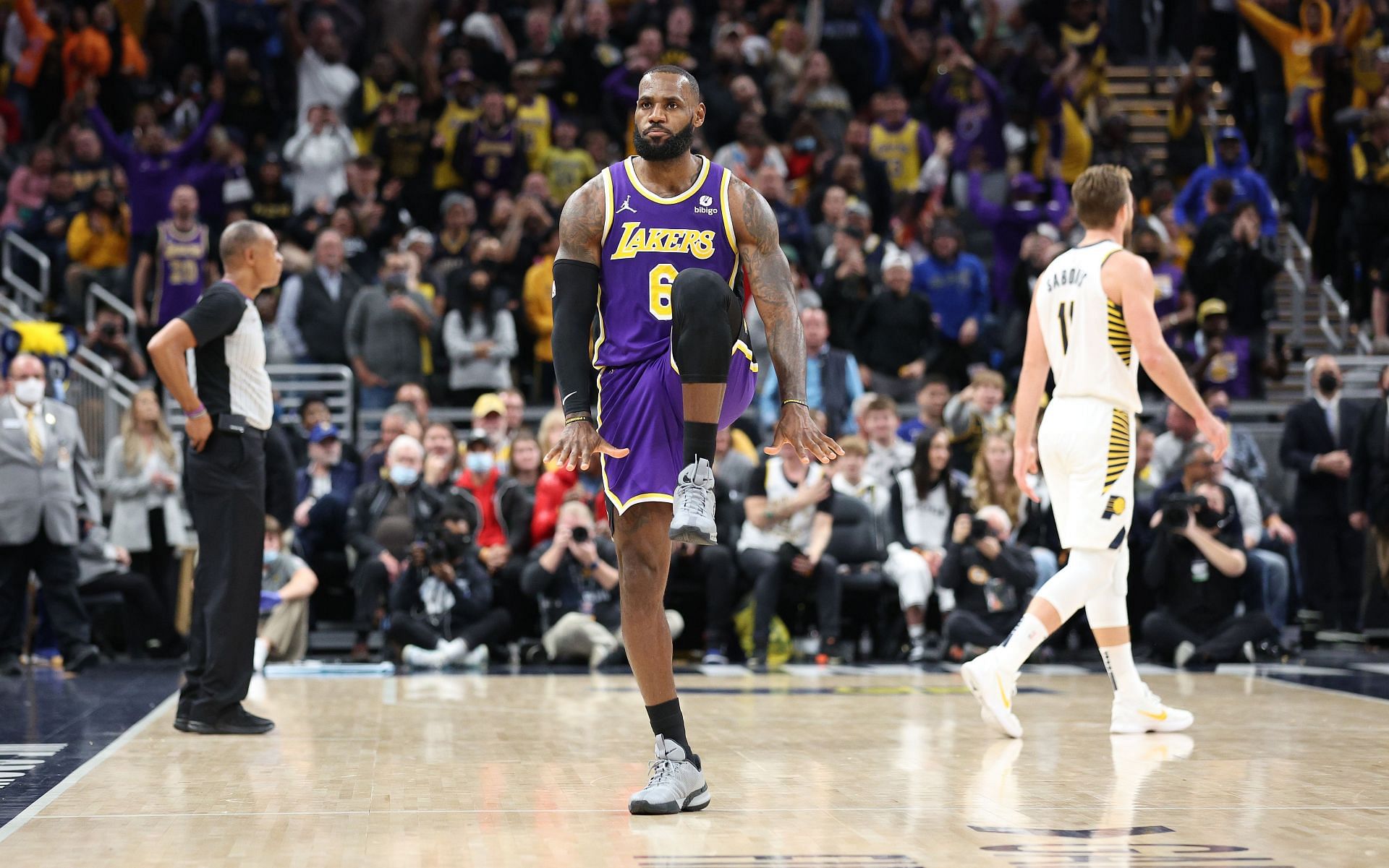 LeBron James of the Los Angeles Lakers celebrates in a 124-116 overtime win against the Indiana Pacers at Gainbridge Fieldhouse on Nov. 24, 2021, in Indianapolis, Indiana.