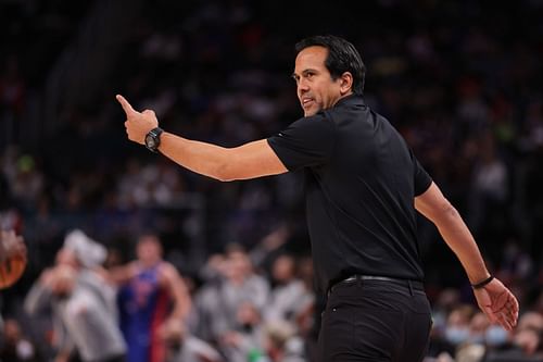 Miami Heat head coach Erik Spoelstra looks on.