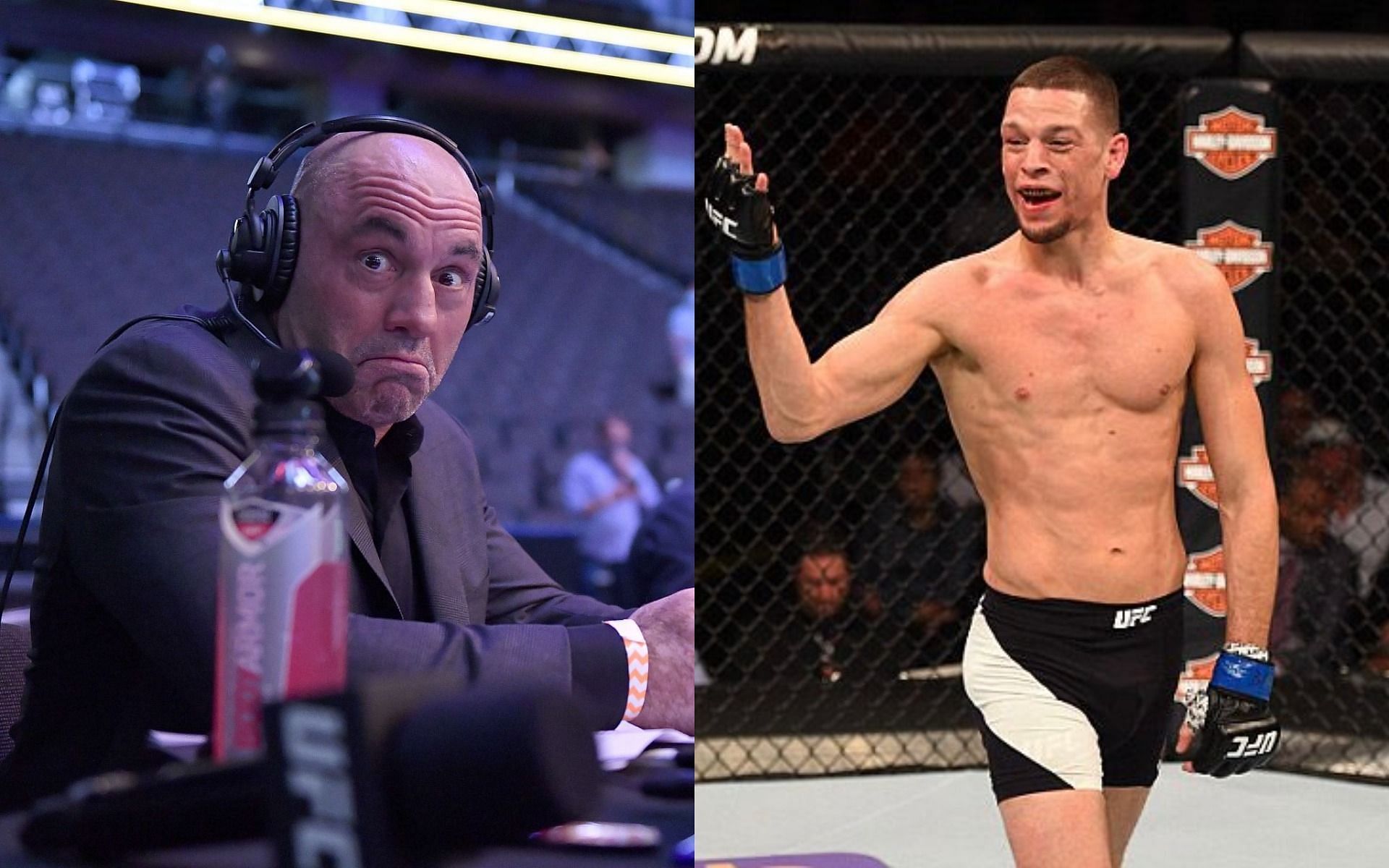 Joe Rogan (left), Nate Diaz (right) [Images Courtesy via Getty: UFC 249 Spann v Alvey, &amp; @natediaz209 on Instagram]