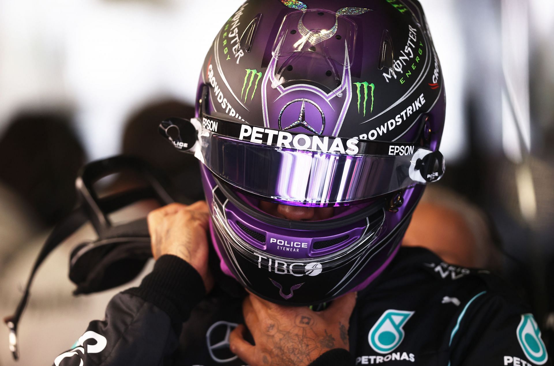 Lewis Hamilton of prepares to drive in the garage during practice session ahead of the 2021 Mexican GP. (Photo by Lars Baron/Getty Images)