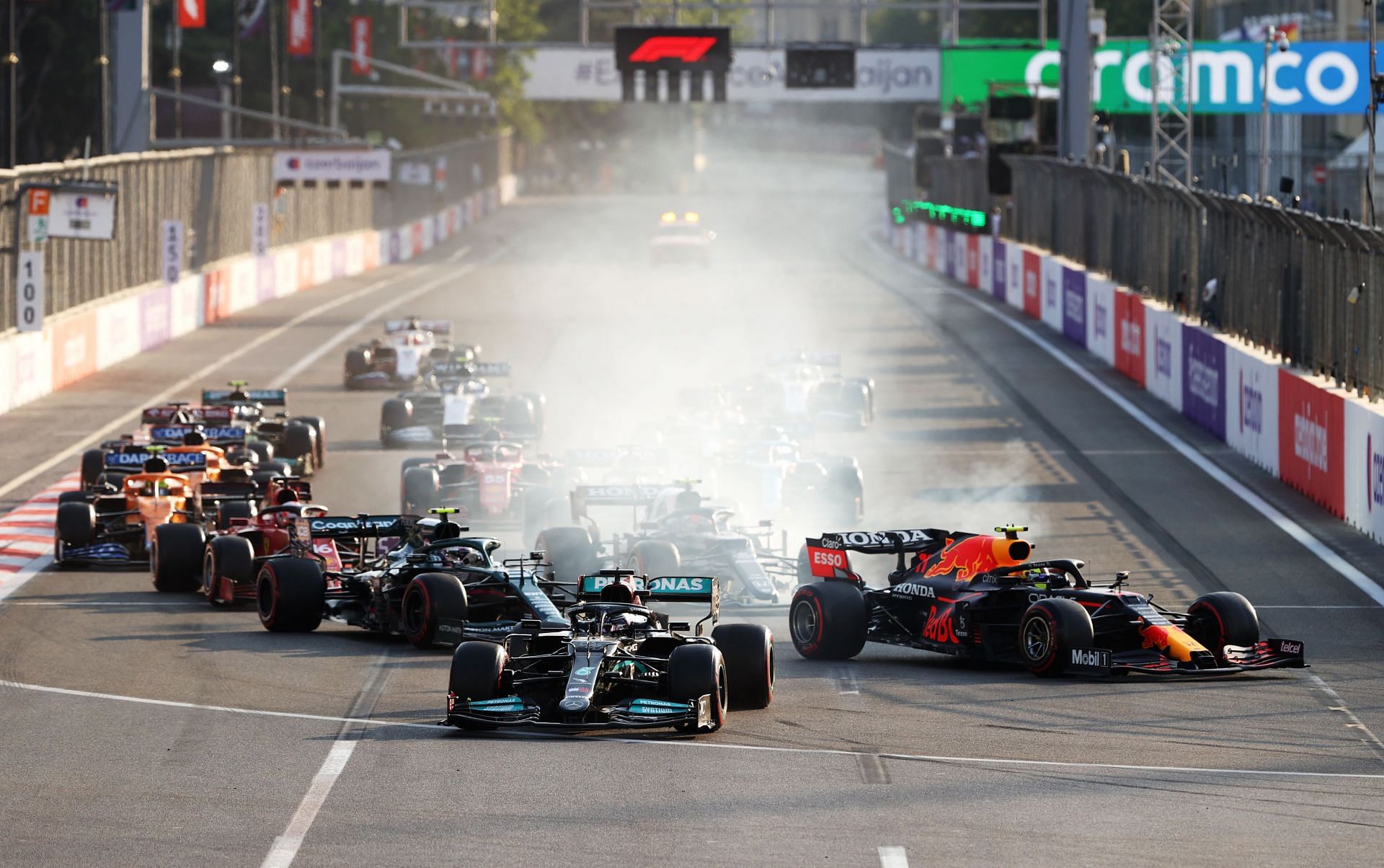 Hamilton locks up and goes wide at the race restart in Baku