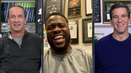 Kevin Hart with Peyton and Eli Manning on the Manningcast | Source: ESPN.com