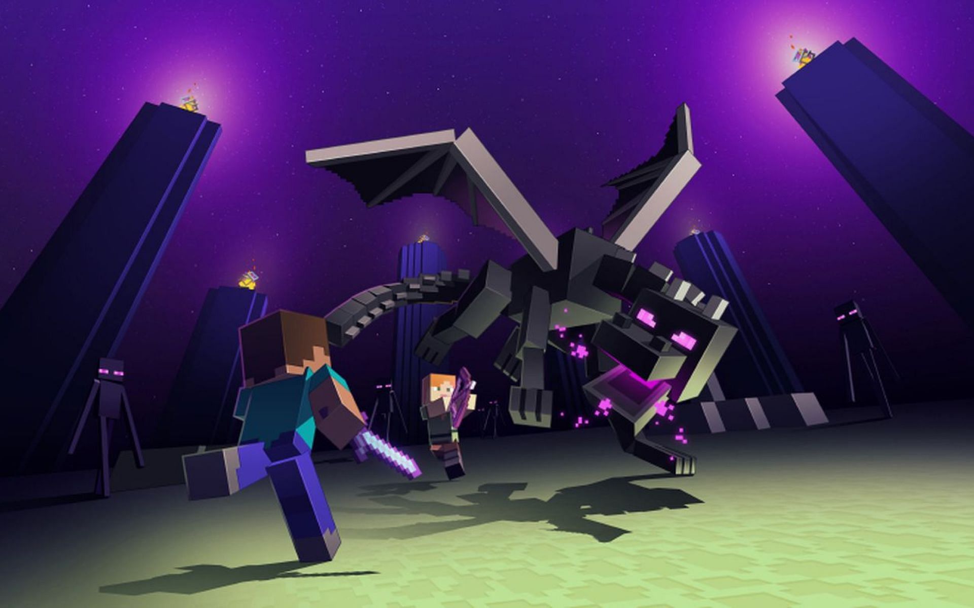 Art of Alex and Steve fighting the Ender Dragon. (Image via Minecraft)