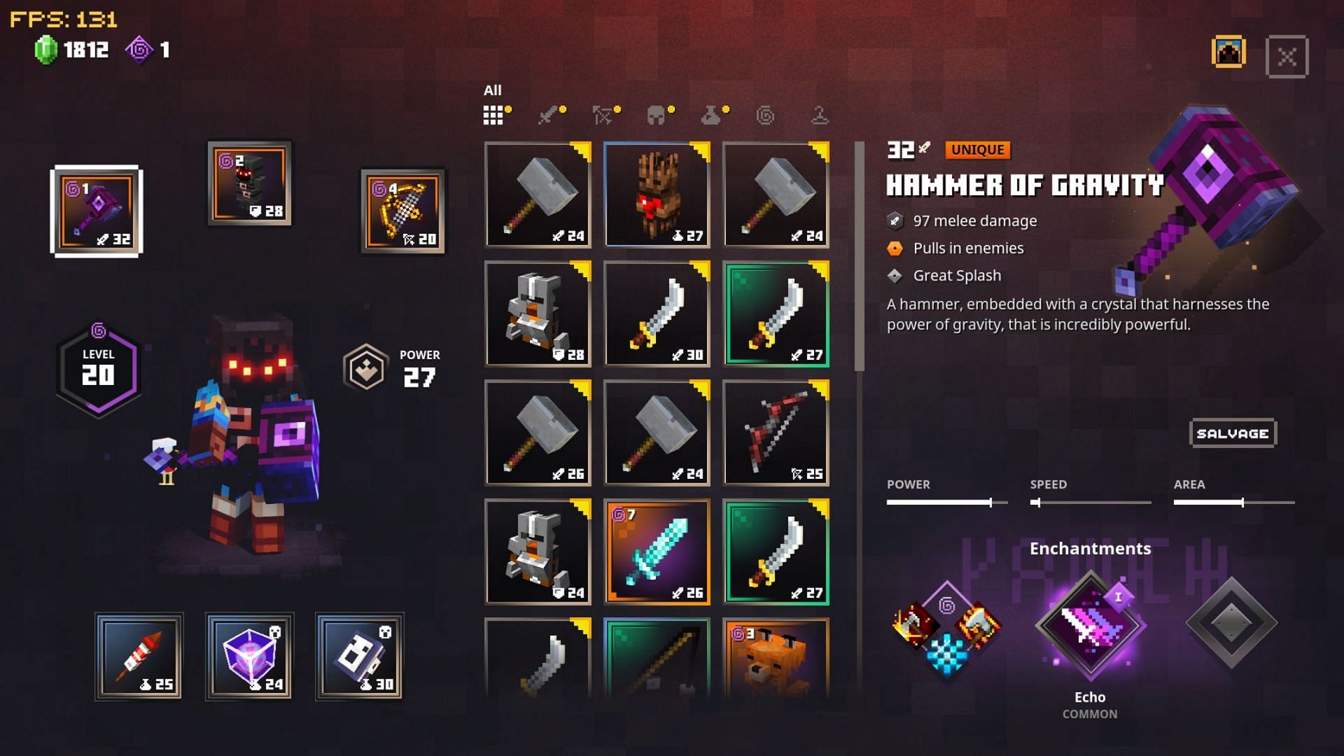 The Hammer of Gravity in a player&#039;s melee slot in their build (Image via Mojang/Reddit user IllRunYou509).