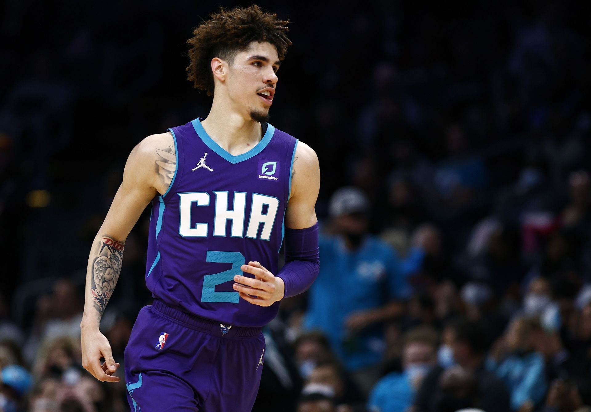 LaMelo Ball of the Charlotte Hornets runs the court following a basket against the Indiana Pacers.