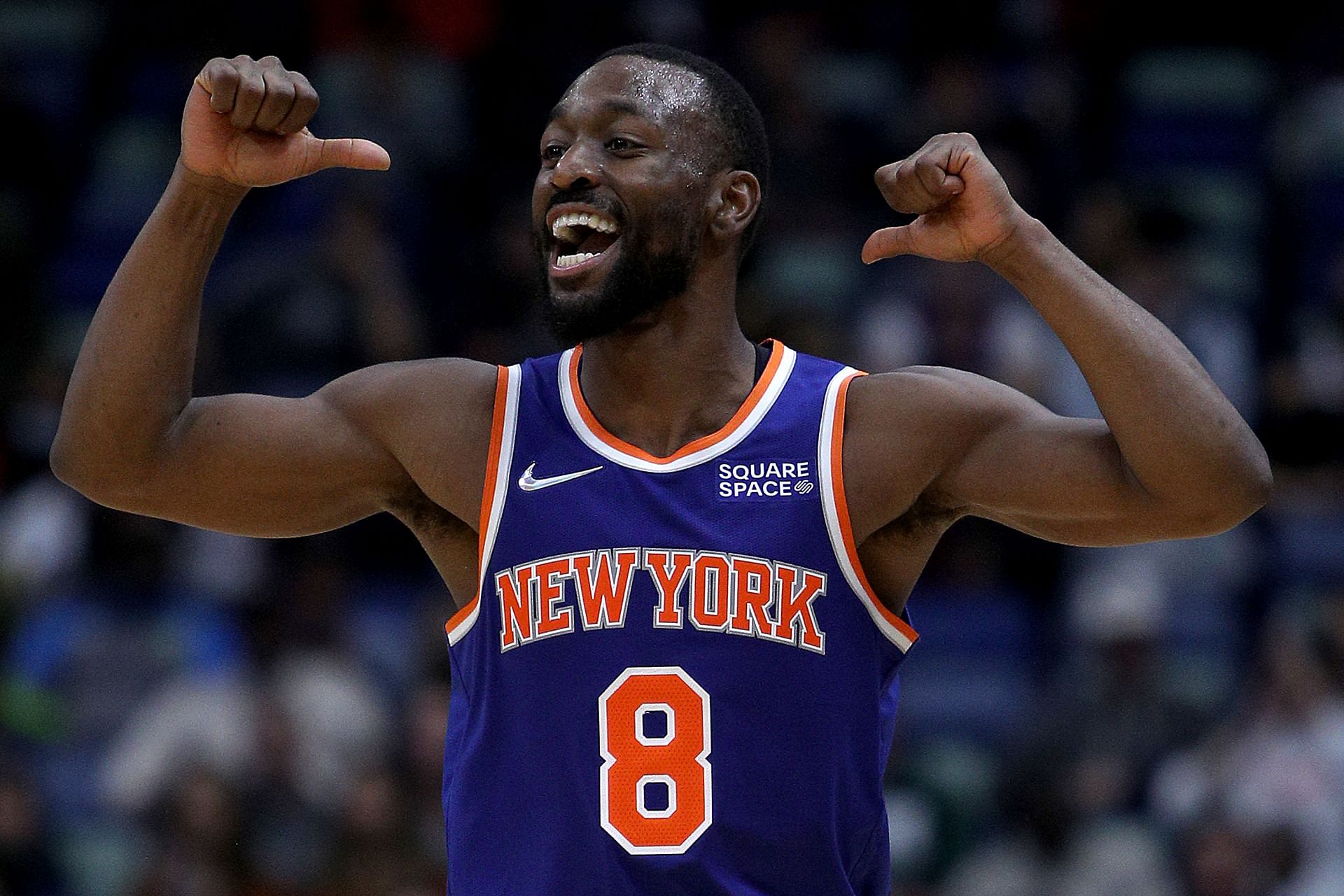 Kemba Walker #8 of the New York Knicks reacts after scoring a three-point basket during the fourth quarter of a NBA game against the New Orleans Pelicans at Smoothie King Center on October 30, 2021 in New Orleans, Louisiana.