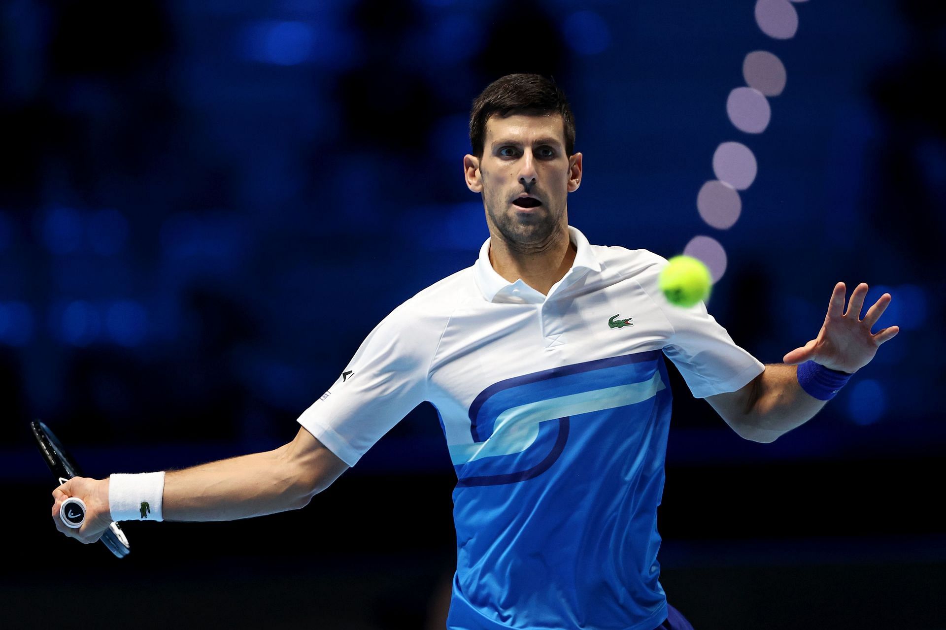 Novak Djokovic during his win over Casper Ruud at the 2021 Nitto ATP Tour Finals