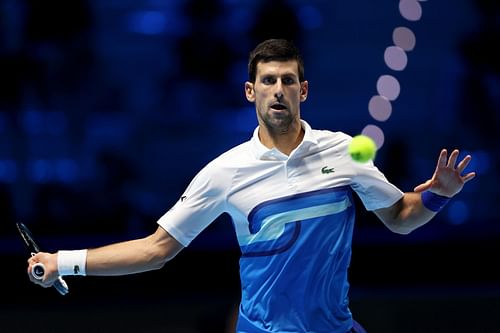 Novak Djokovic during his win over Casper Ruud at the 2021 Nitto ATP Tour Finals