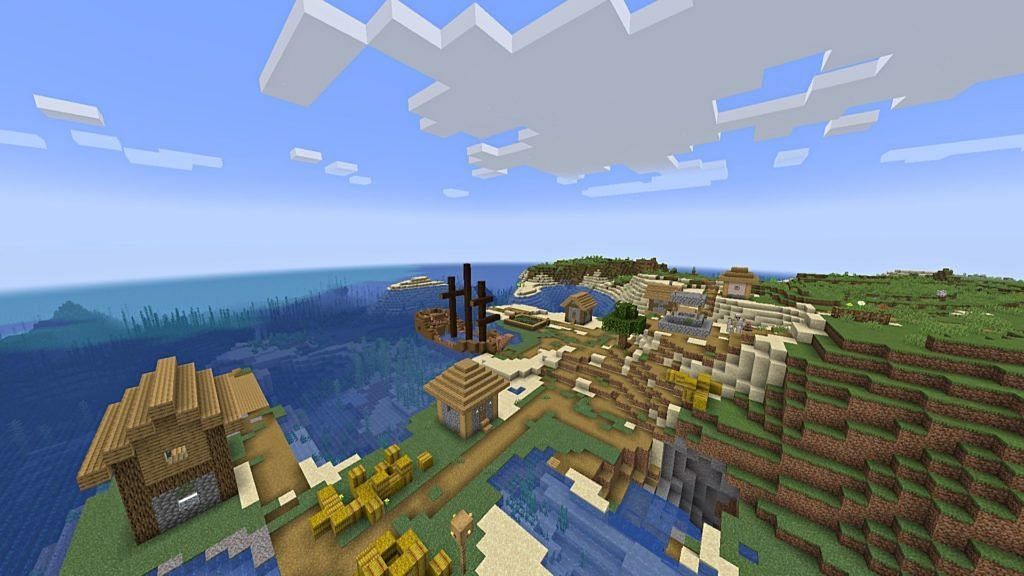 A village near a shipwreck can be found here (Image via Minecraft)
