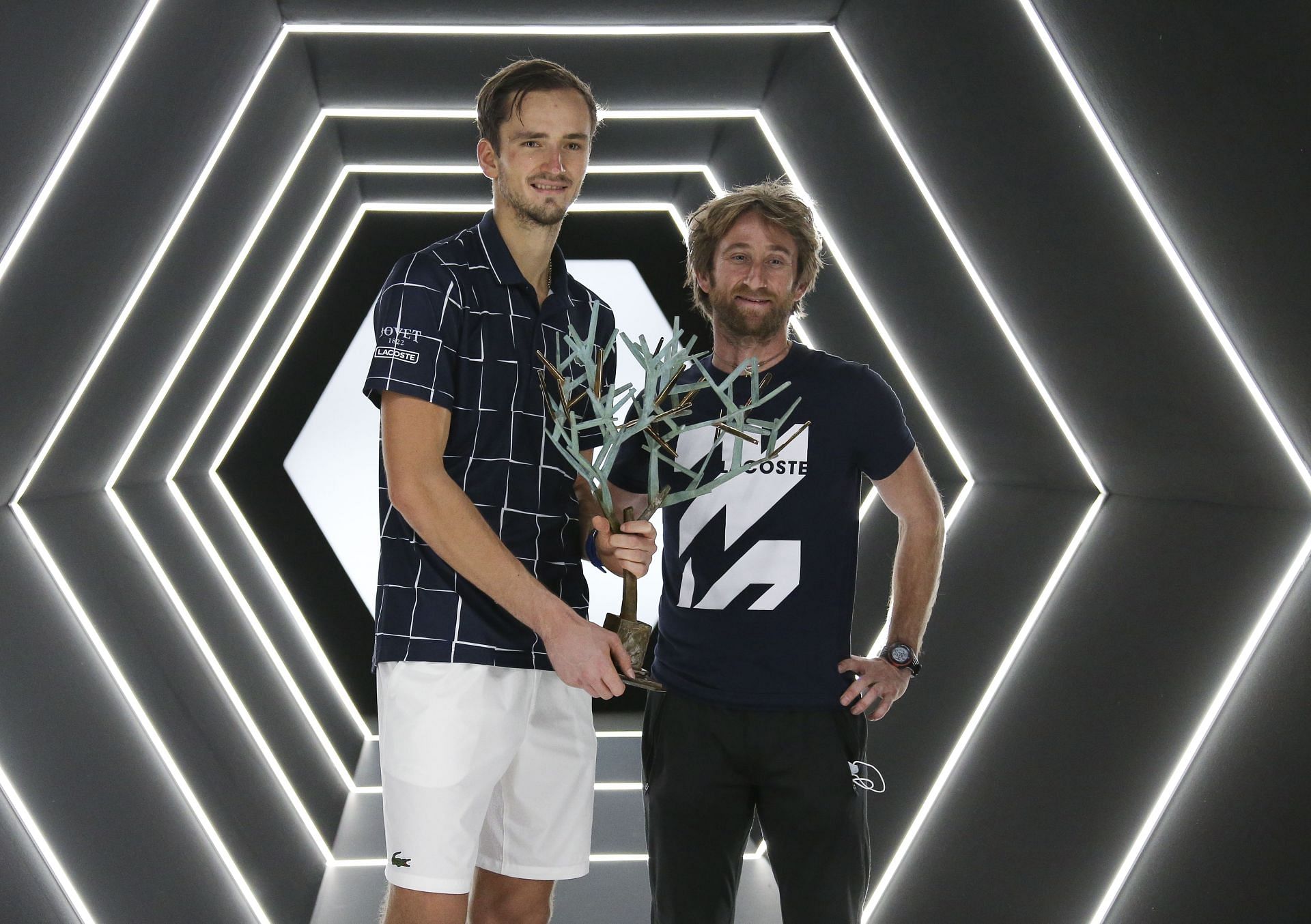 Daniil Medvedev with Gilles Cervara after the former won the 2020 Rolex Paris Masters