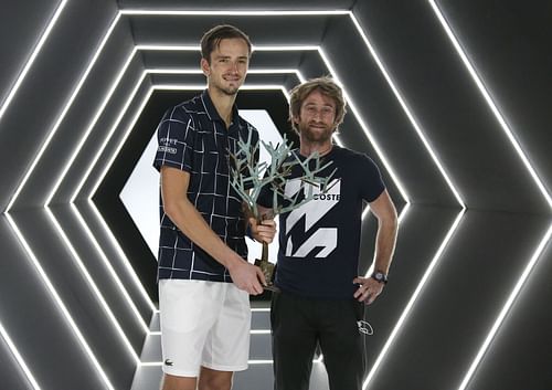 Daniil Medvedev with Gilles Cervara after the former won the 2020 Rolex Paris Masters