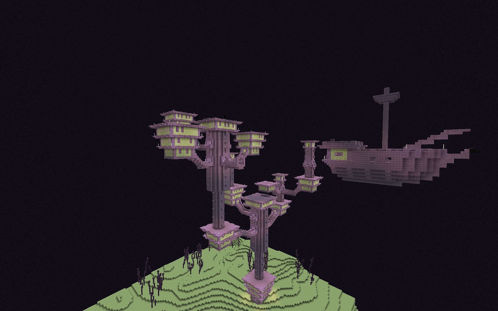 End ctiy with a flying ship (Image via Minecraft)