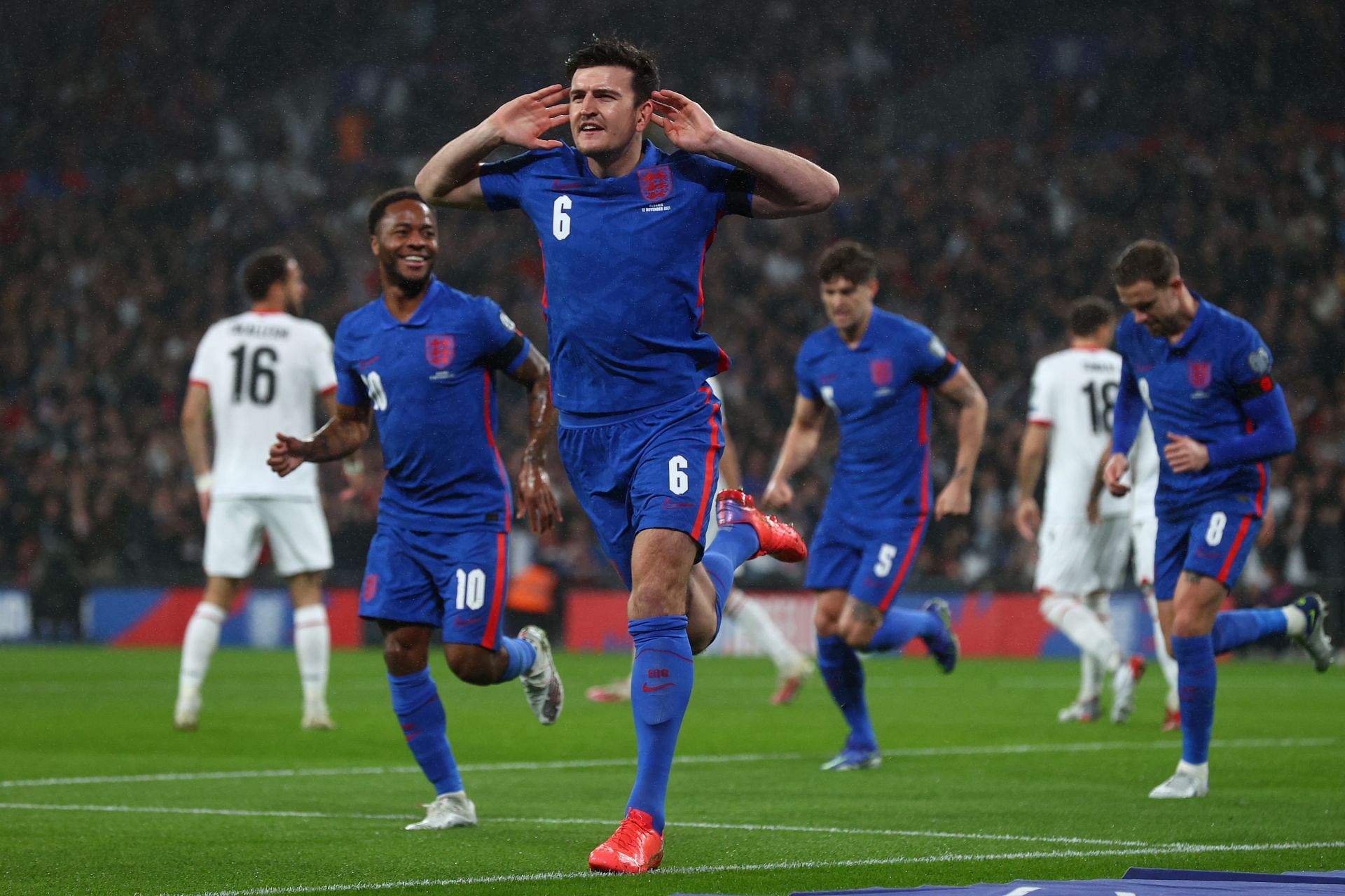 Harry Maguire celebrating his goal for England against Albania