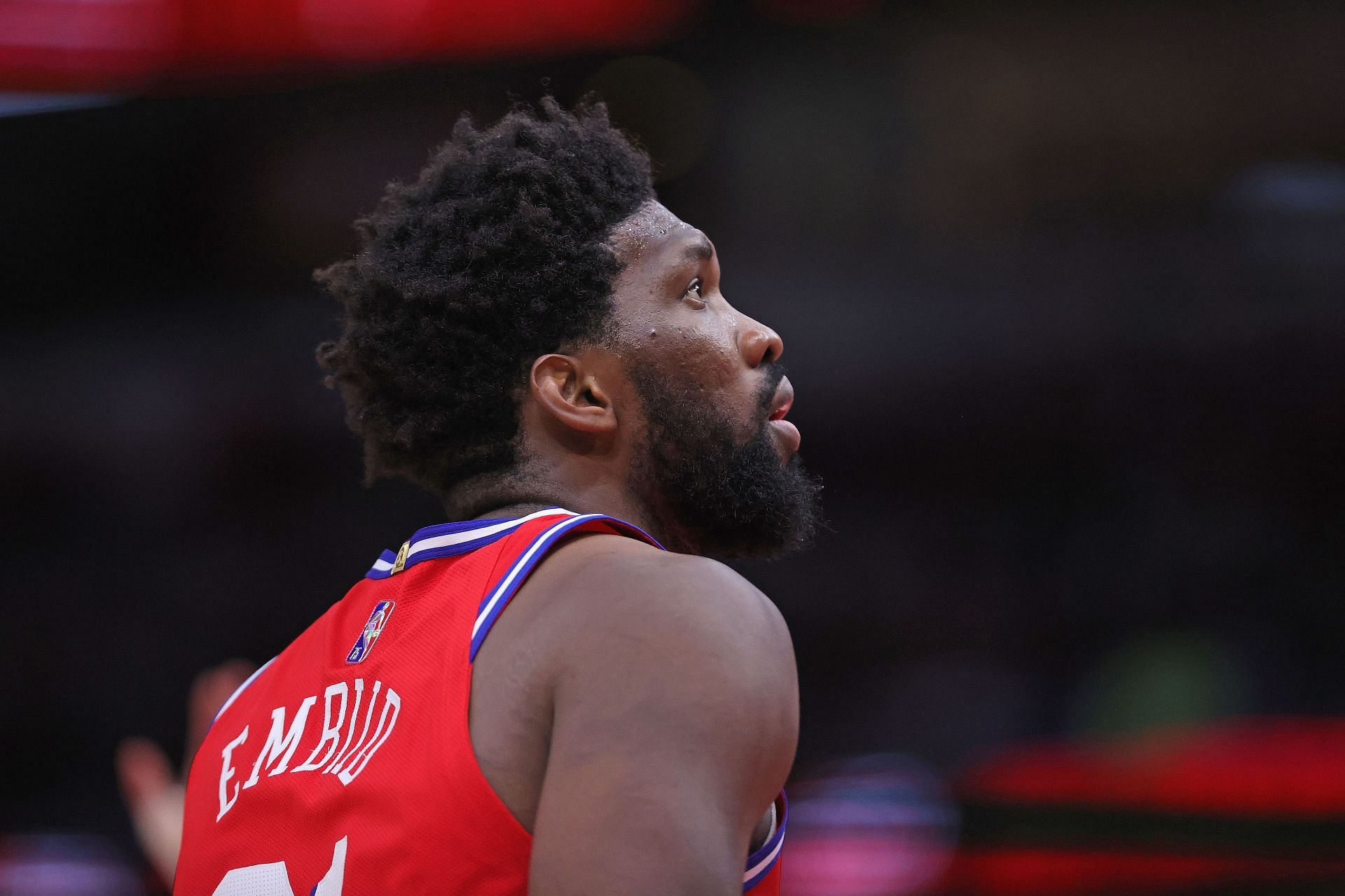 Joel Embiid #21 of the Philadelphia 76ers watches the ball during a Chicago Bulls free throw at the United Center on November 06, 2021, in Chicago, Illinois. The 76ers defeated the Bulls 114-105.