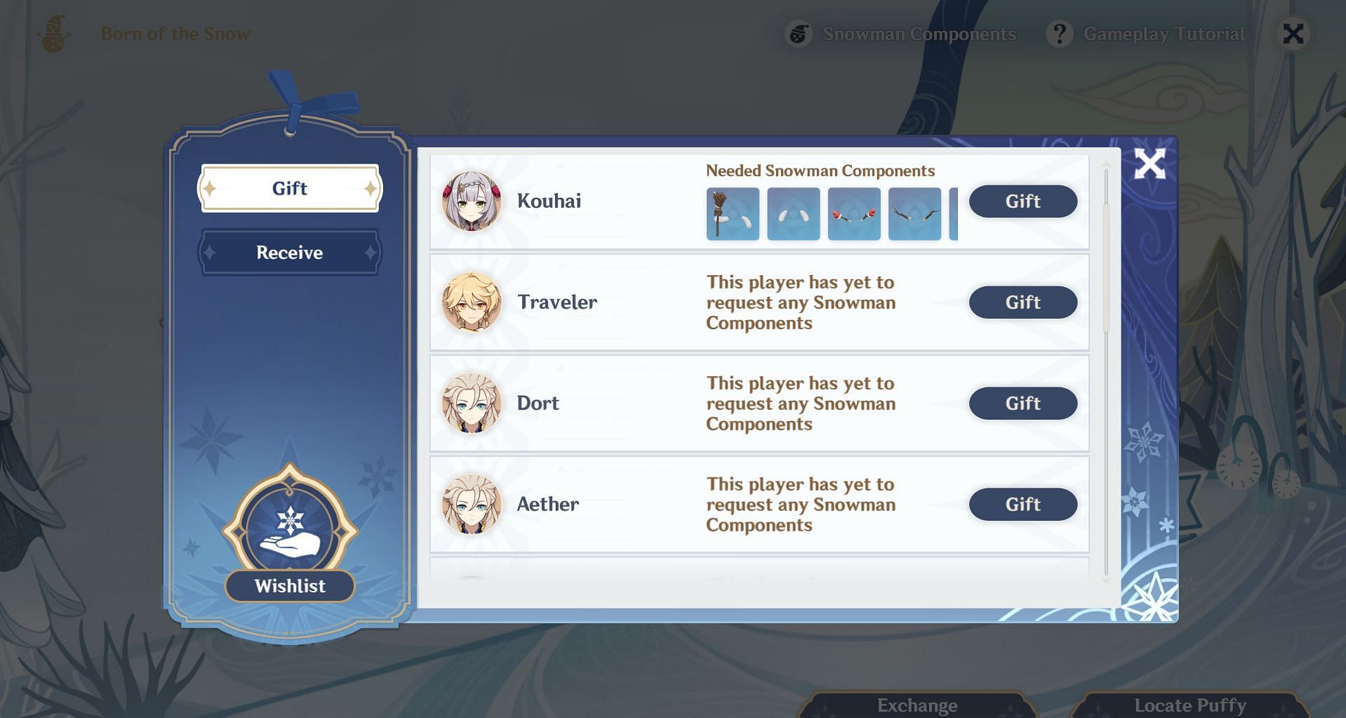 Players can send and receive Snowman components from the Events page menu (Image via Genshin Impact)