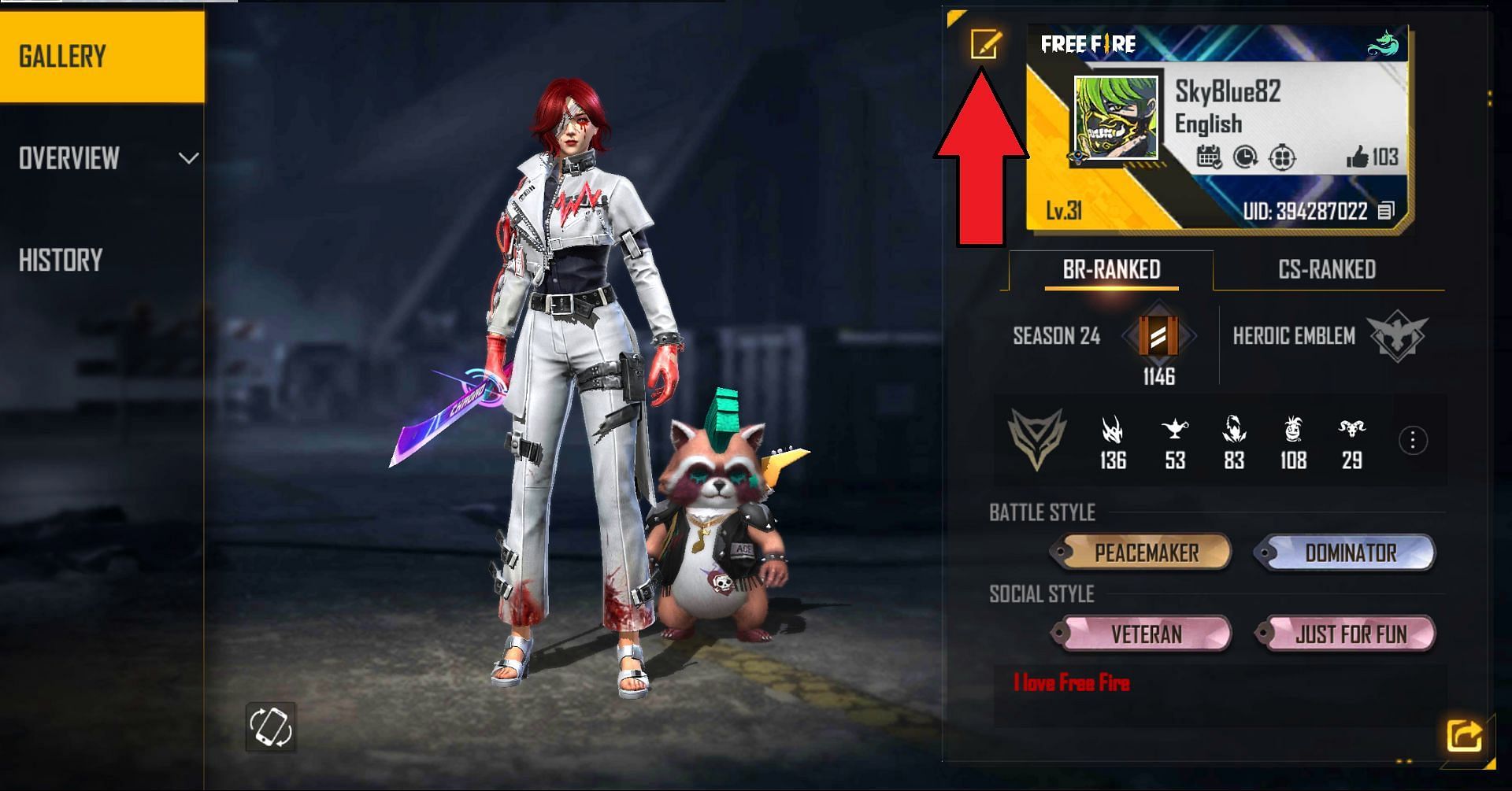 Edit icon is at the top of the screen (Image via Garena)