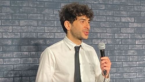 Tony Khan answering to media, post-show