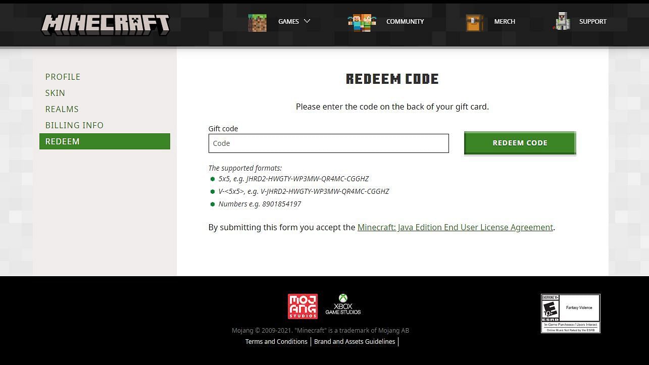 The Redeem tab in Minecraft profile (Image via Minecraft.net)