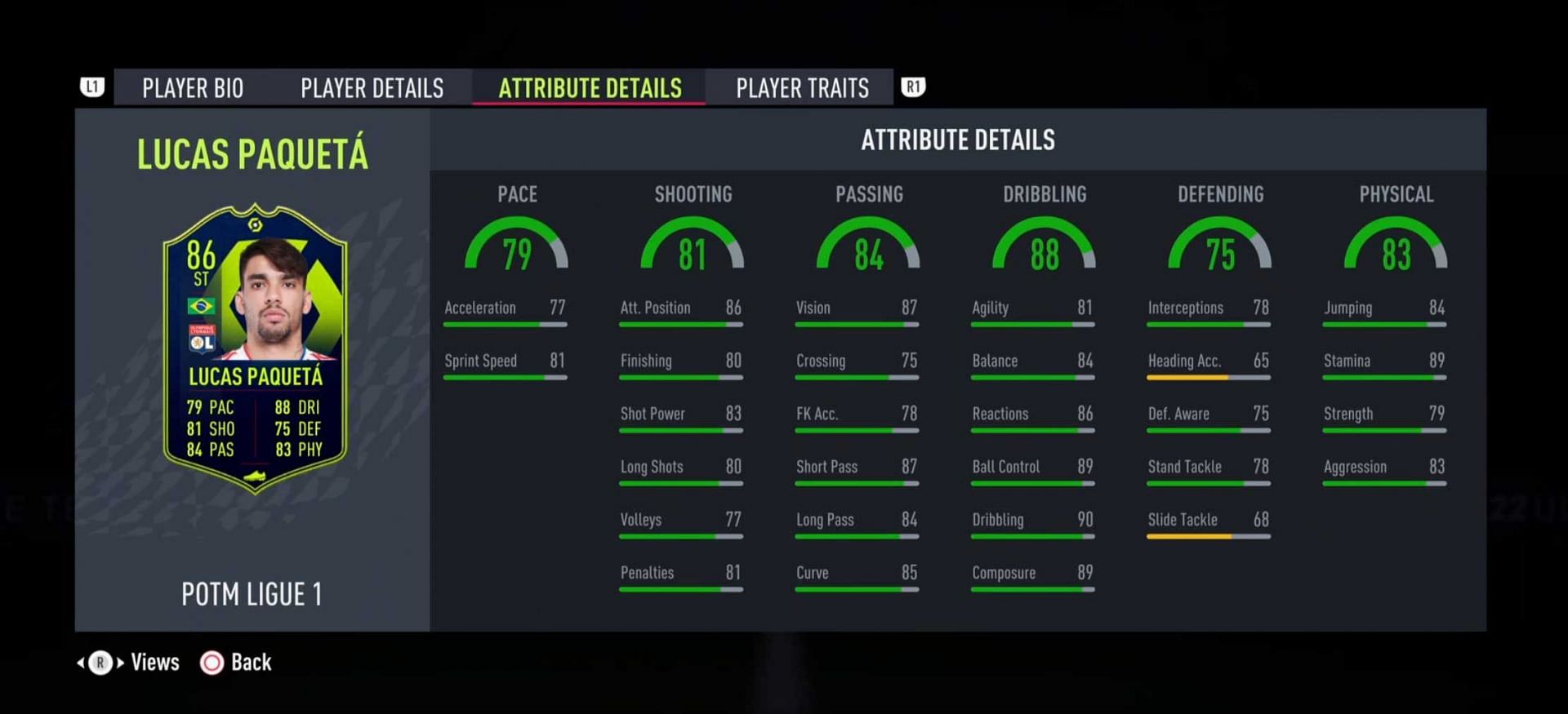 Paqueta POTM card stats (Image via FIFA 22)