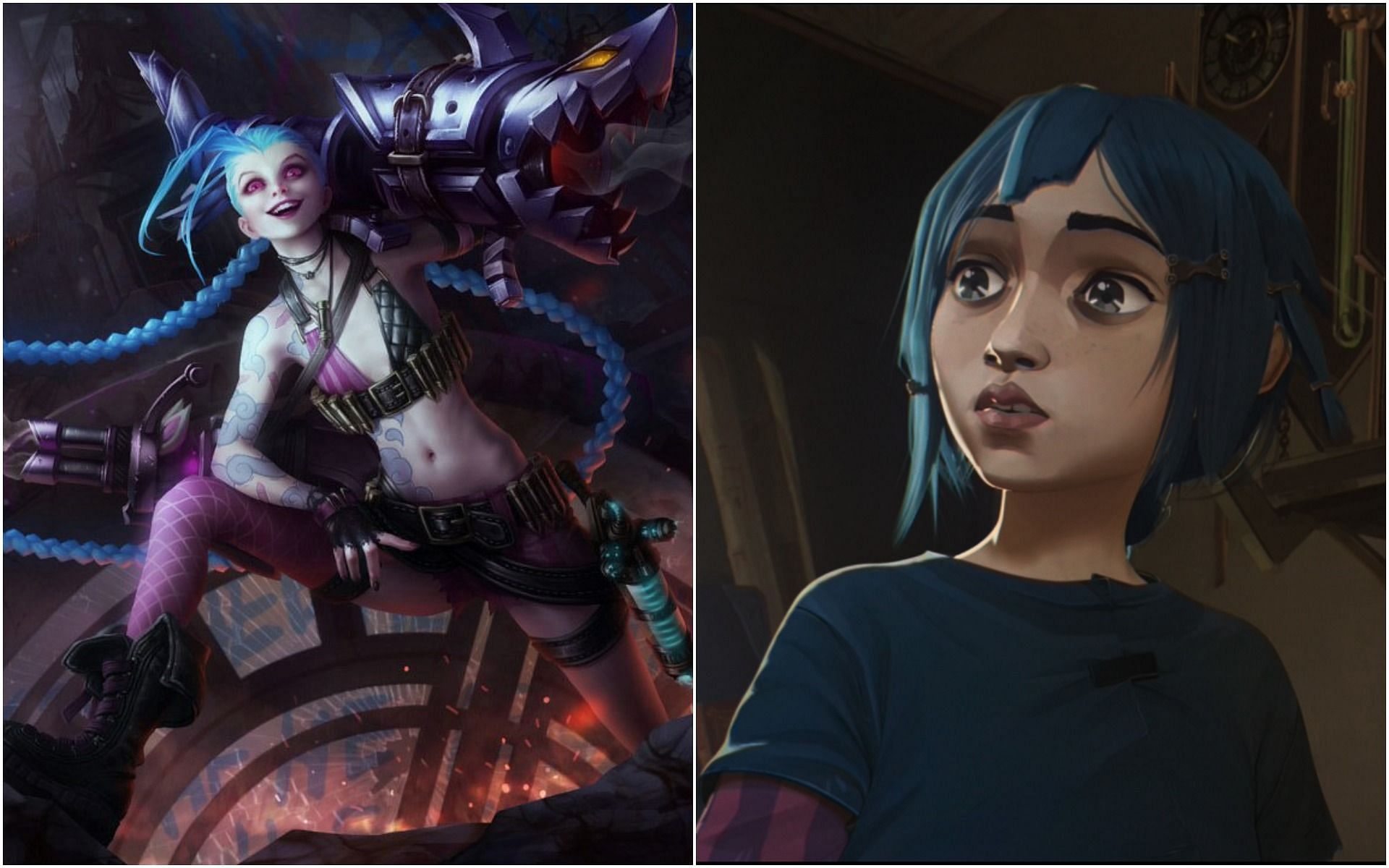 Jinx in League of Legends (left) and Jinx( Powder )in Arcane Act I (right) (Image via League of Legends)