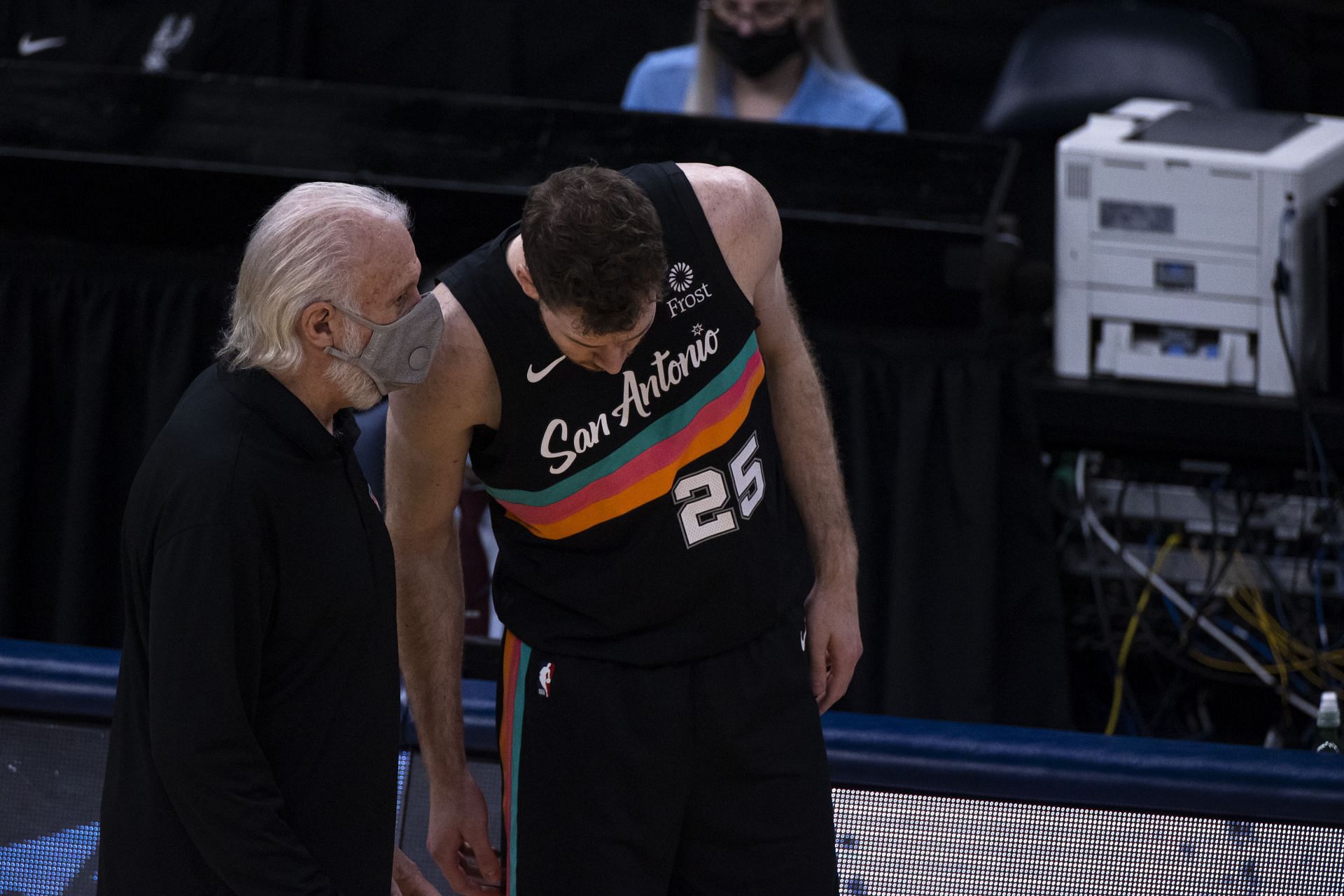 Gregg Popovich and Jakob Poeltl of the San Antonio Spurs