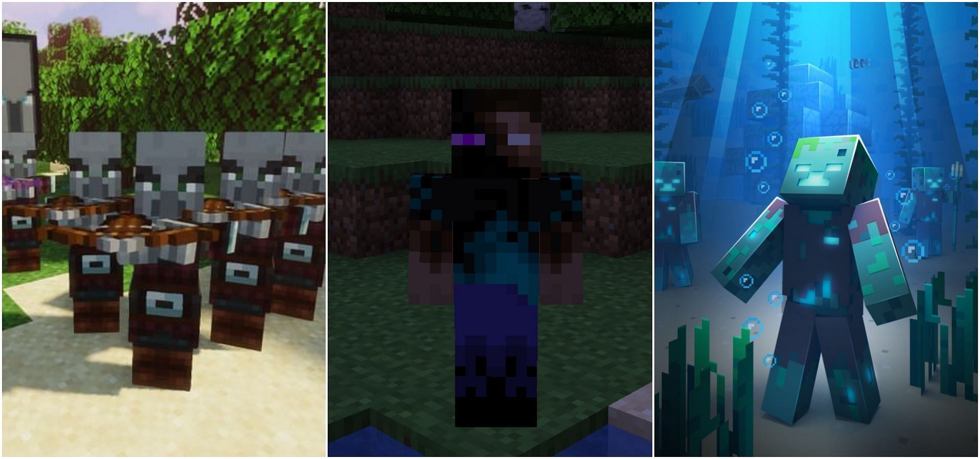  Minecraft Pillagers, Steve Enderman, Drowned (Image via Minecraft &amp; Reddit)