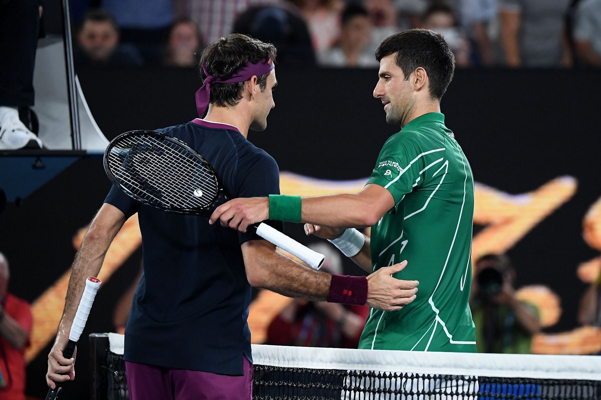 Roger Federer and Novak Djokovic after their 2020 Australian Open semifinal