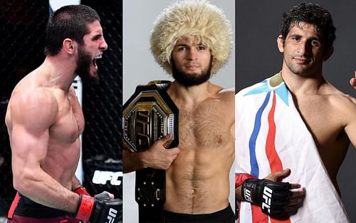 Islam Makhachev (left), Khabib Nurmagomedov (center), Beneil Dariush (right) [Credits: @espnmma, @ufc, @beneiildariush via Instagram]