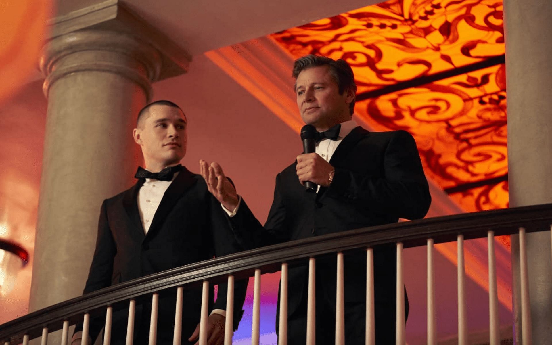 Still from CW&#039;s Dynasty starring Sam Underwood and Grant Show (Image via CW)