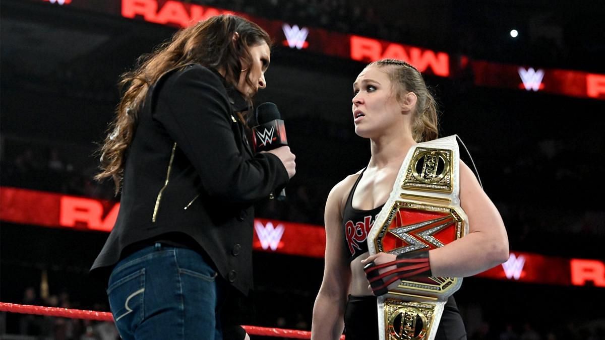 Stephanie McMahon and Ronda Rousey on Monday Night RAW