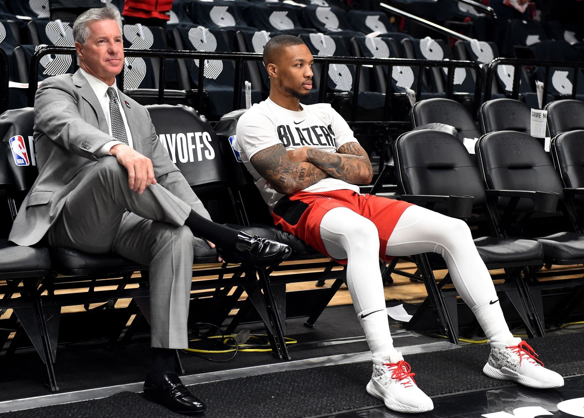 Neil Olshey and Damian Lillard before tip-off for Game 6 in the 2021 NBA playoffs first round