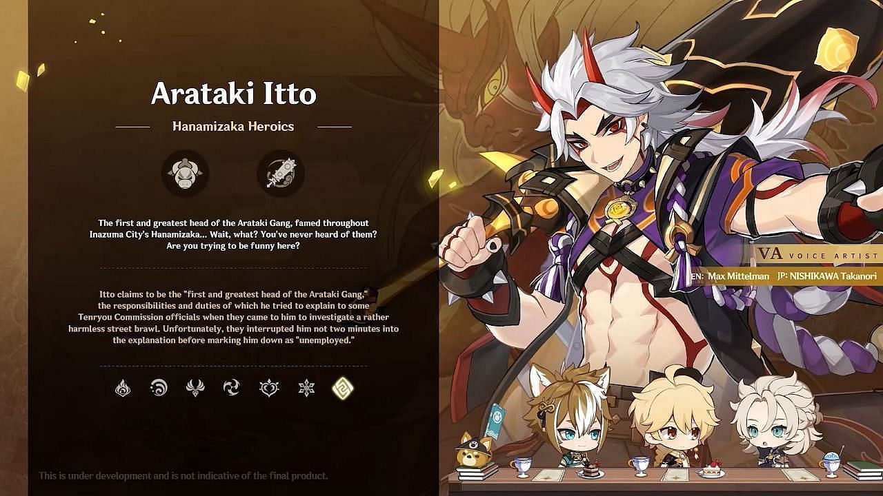 The promotional image for Arataki Itto, highlighting some quick and lighthearted lore for the character. (Image via miHoYo)