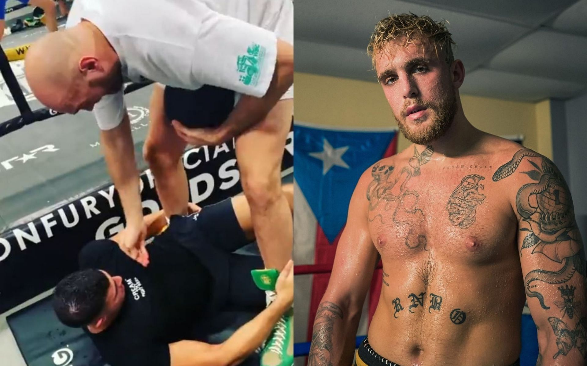 (Left) Tyson Fury training Tommy. (Right) Jake Paul [Image Courtesy: @Tyson_Fury on Twitter and @jakepaul on Instagram]