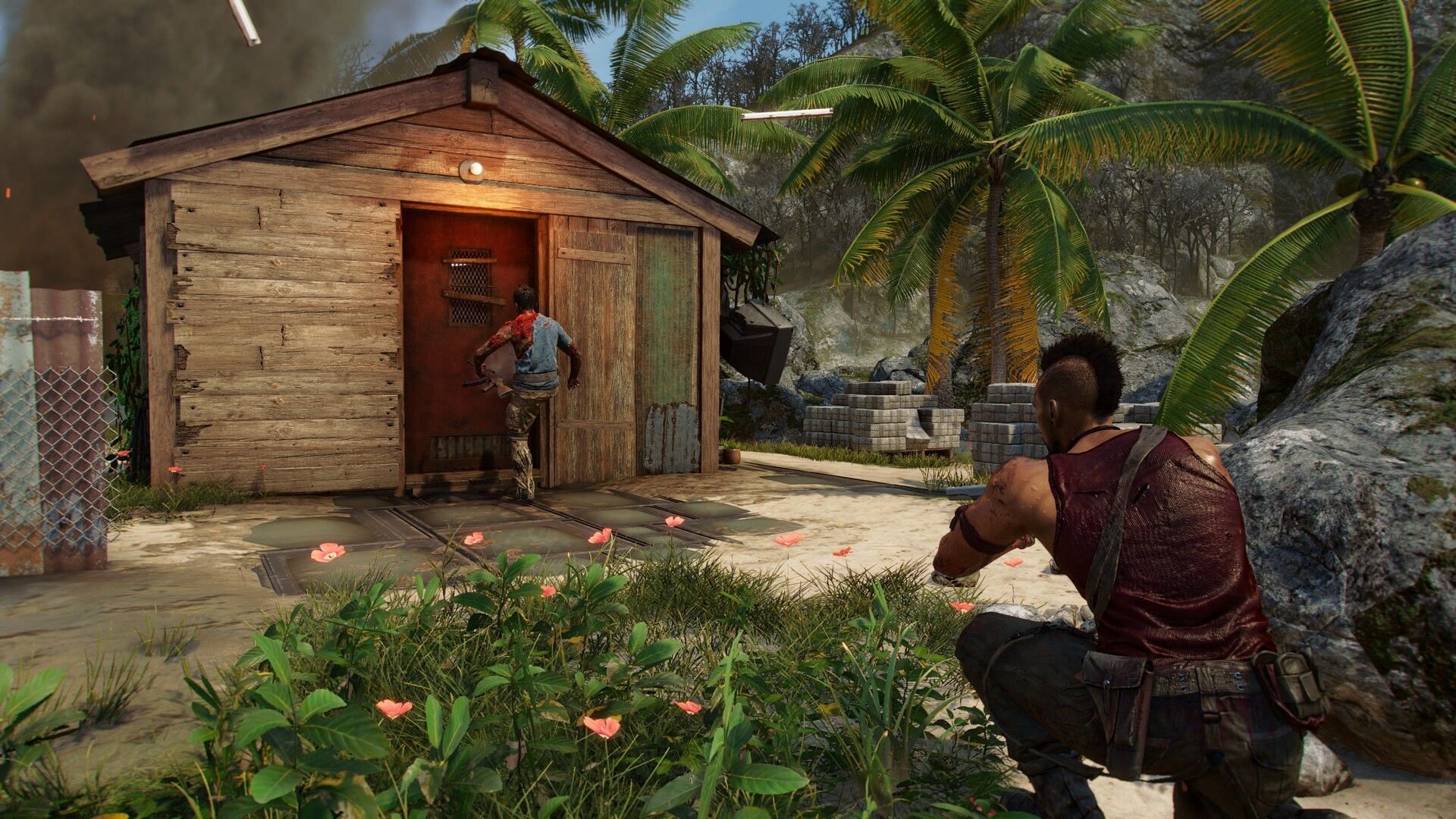 A player approaching a safe house as Vaas. (Image via Ubisoft)